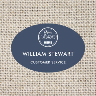 Navy Blue Professional Logo Oval Employee Staff Name Tag
