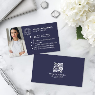 Navy Blue Professional QR Code Photo Logo Business Card