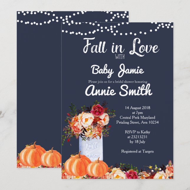 Navy Blue Pumpkin baby shower invitation (Front/Back)