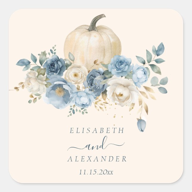Navy Blue Pumpkin Fall in Love Wedding Square Sticker (Front)