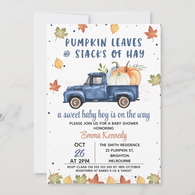 Navy Blue Pumpkin Truck Fall Baby Shower Invitation (Front)