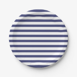 Navy Blue & Pure White Stripes Paper Plate