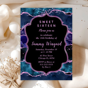 Navy Blue Purple Glitter Ocean Agate Sweet Sixteen Invitation
