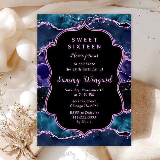 Navy Blue Purple Glitter Ocean Agate Sweet Sixteen Invitation (Creator Uploaded)