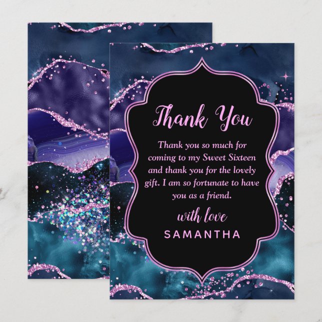 Navy Blue Purple Glitter Ocean Agate Sweet Sixteen Thank You Card (Front/Back)