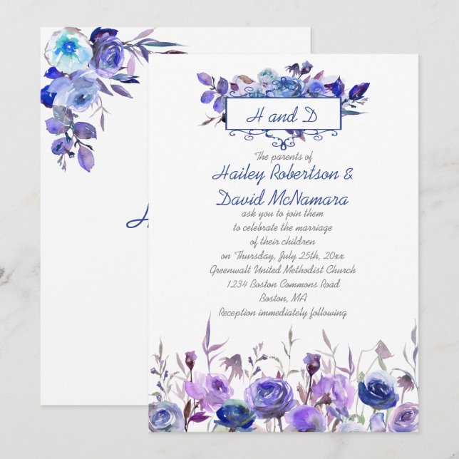 Navy Blue Purple Lavender Roses Wedding Invites (Front/Back)