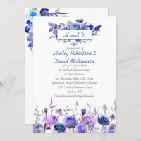 Navy Blue Purple Lavender Roses Wedding Invites