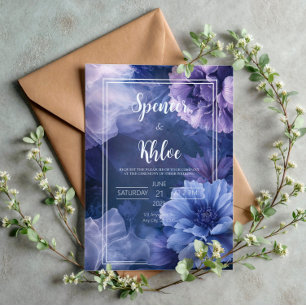 Navy Blue Purple Moody Floral Botanical Wedding Invitation
