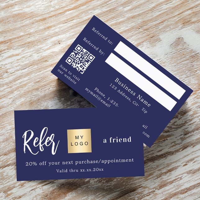 Navy blue qr code business logo referral card (Creator Uploaded)