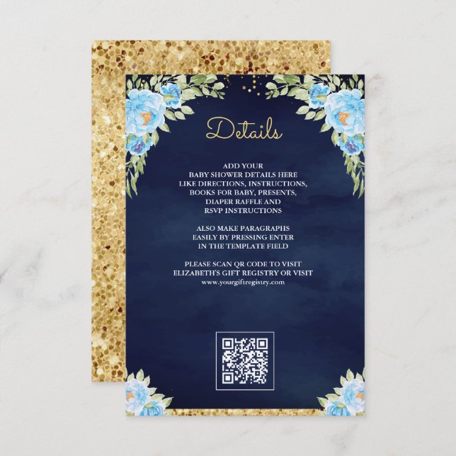 Navy Blue QR Code Gift Registry Baby Shower Enclosure Card (Front/Back)