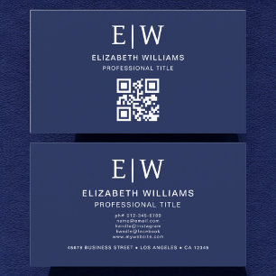 Navy Blue QR Code Monogram Minimalist  Business Card