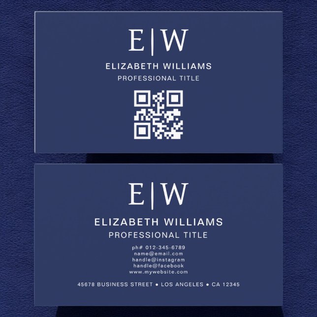 Navy Blue QR Code Monogram Minimalist  Business Card (Creator Uploaded)