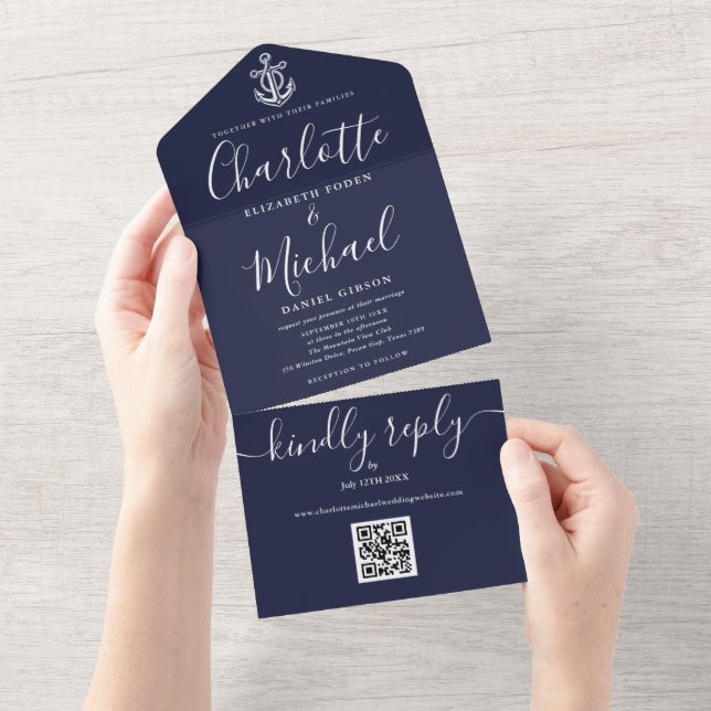 Navy Blue QR Code Script Anchor Nautical Wedding All In One Invitation (Tearaway)