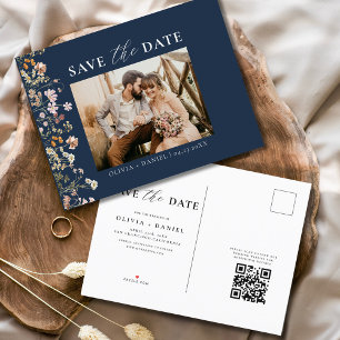 Navy Blue QR Code Wildflower Floral Wedding Announcement Postcard