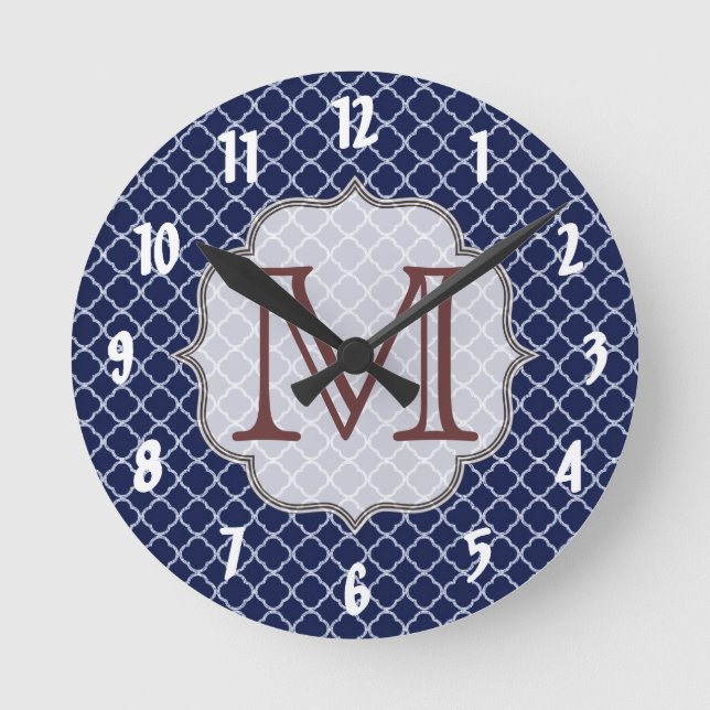 Navy Blue Quarterfoil Latti Monogram Wall Clock (Front)
