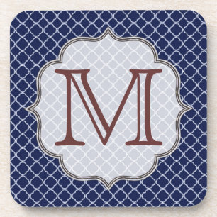 Navy Blue Quarterfoil Monogram Drink Coaster