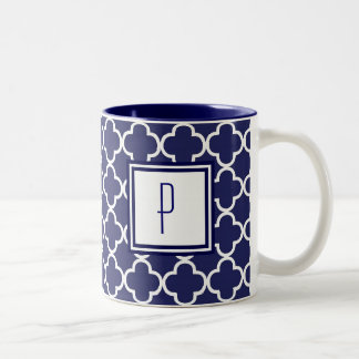 Navy Blue Quatrefoil Monogram Mug