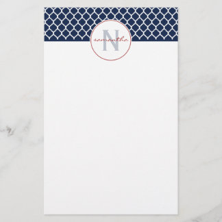 Navy Blue Quatrefoil Monogram Stationery
