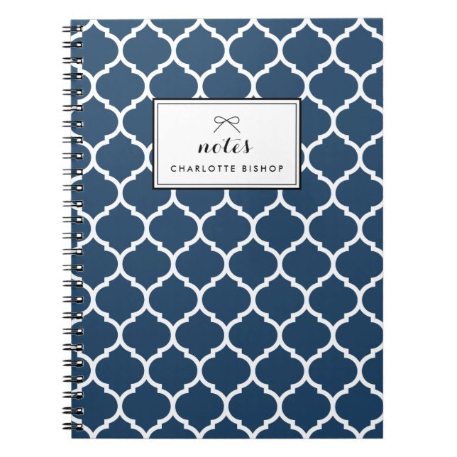 Navy Blue Quatrefoil Pattern Personalised Notebook (Front)