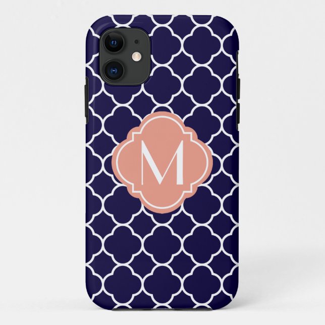 Navy Blue Quatrefoil Pattern with Monogram Case-Mate iPhone Case (Back)
