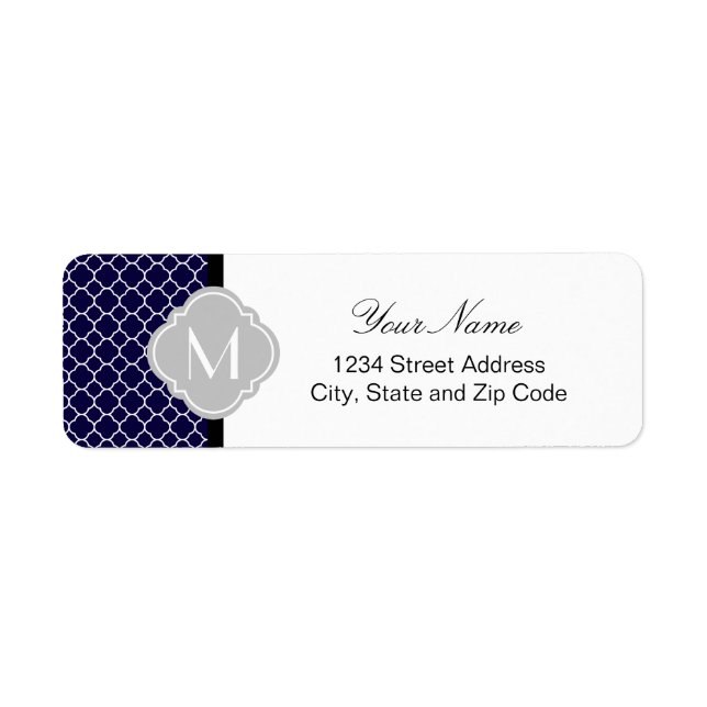 Navy Blue Quatrefoil Pattern with Monogram Return Address Label (Front)