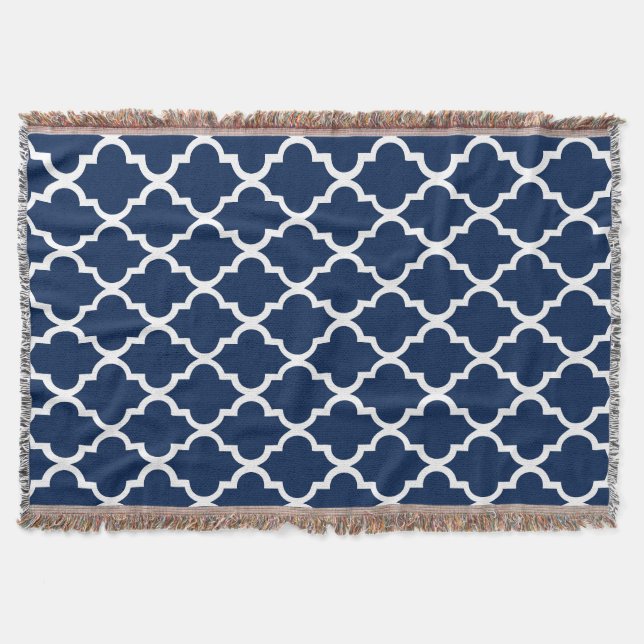 Navy Blue Quatrefoil Tiles Pattern Throw Blanket (Front)
