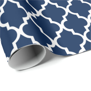 Navy Blue Quatrefoil Tiles Pattern Wrapping Paper