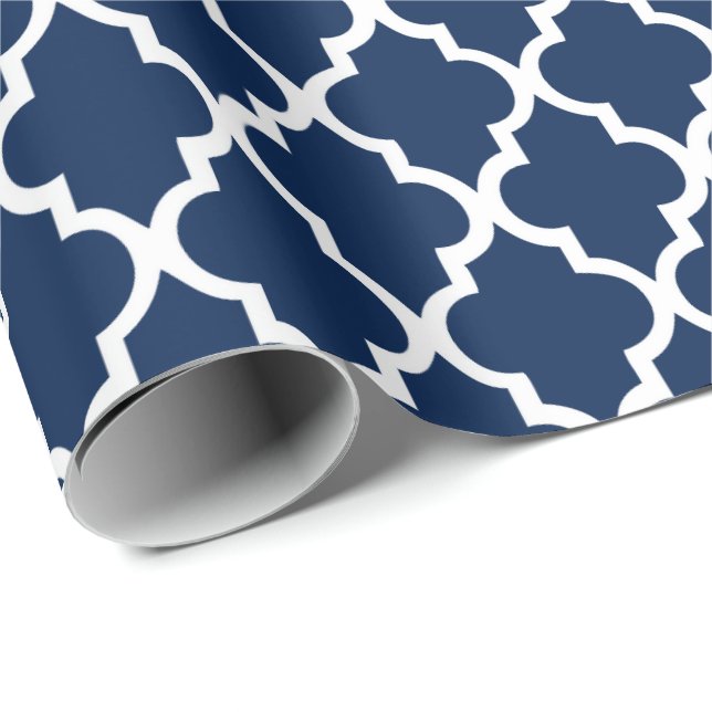 Navy Blue Quatrefoil Tiles Pattern Wrapping Paper (Roll Corner)