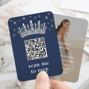 Navy Blue Quinceañera Crown & Stars QR RSVP Photo Enclosure Card