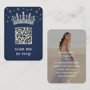 Navy Blue Quinceañera Crown & Stars QR RSVP Photo Enclosure Card