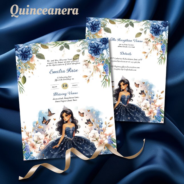 Navy Blue Quinceanera Dress Floral Butterflies (Creator Uploaded)