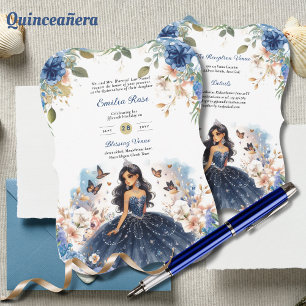 Navy Blue Quinceanera Dress Floral Butterflies Invitation