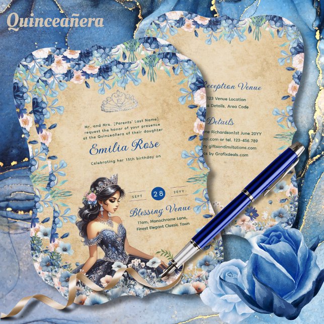 Navy Blue Quinceanera Dress Floral Roses Invitation (Creator Uploaded)