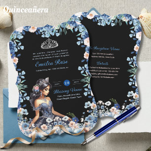 Navy Blue Quinceanera Dress Floral Roses Invitation
