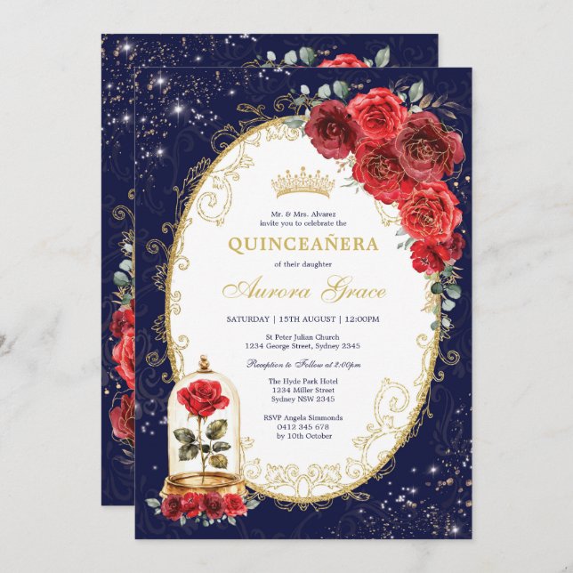 Navy Blue Quinceañera Enchanted Red Roses Party Invitation (Front/Back)