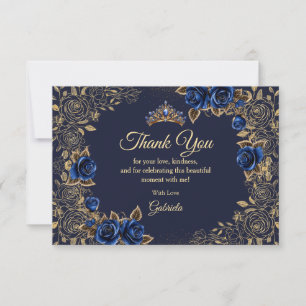 Navy Blue Quinceañera Golden Tiara Roses Floral Thank You Card