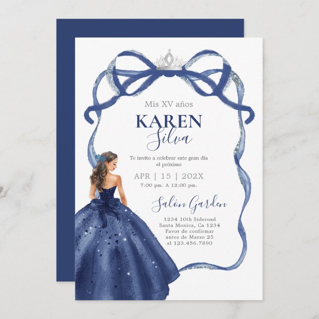 Navy Blue Quinceanera Invitation (Front/Back)