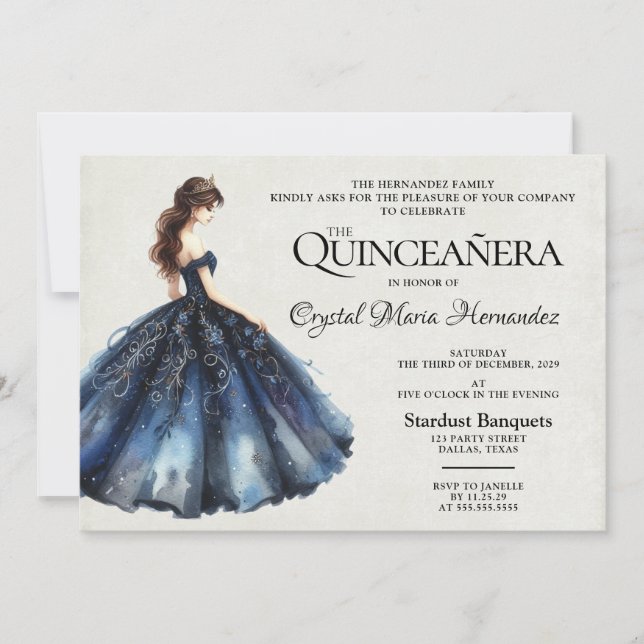 Navy Blue Quinceañera Invitation (Front)