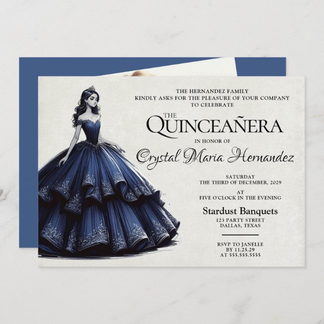 Navy Blue Quinceañera Invitation (Front/Back)