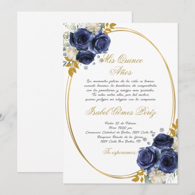 Navy blue Quinceanera invitation in Spanish (Front/Back)