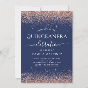 Navy Blue Quinceanera Rose Gold Blush Pink Invitation