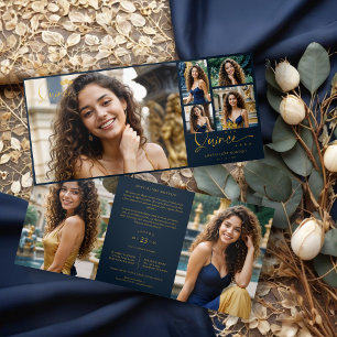 Navy Blue Quinceañera Trendy 7-Photo Collage Tri-Fold Invitation