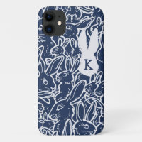 Navy Blue Rabbit Bunny Drawing Modern Monogram Fun