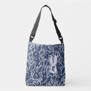 Navy Blue Rabbit Doodle Pattern Purse Monogram Crossbody Bag