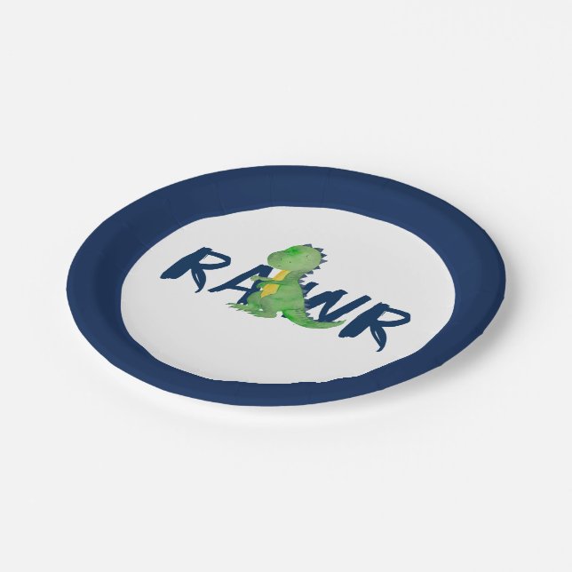 Navy Blue "RAWR" Green Dinosaur Party Paper Plate (Angled)