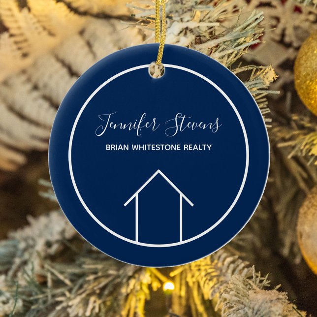 Navy Blue Real Estate Company Christmas Ceramic Ornament (Creator Uploaded)