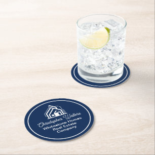 Navy Blue Real Estate Company Custom Realtor Party Round Paper Coaster