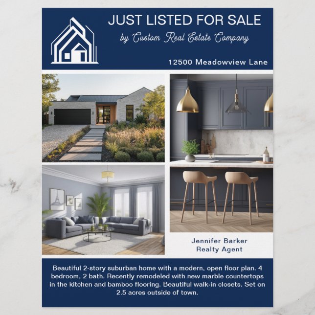 Navy Blue Real Estate Home Listing 2 Sided Modern Flyer (Front)