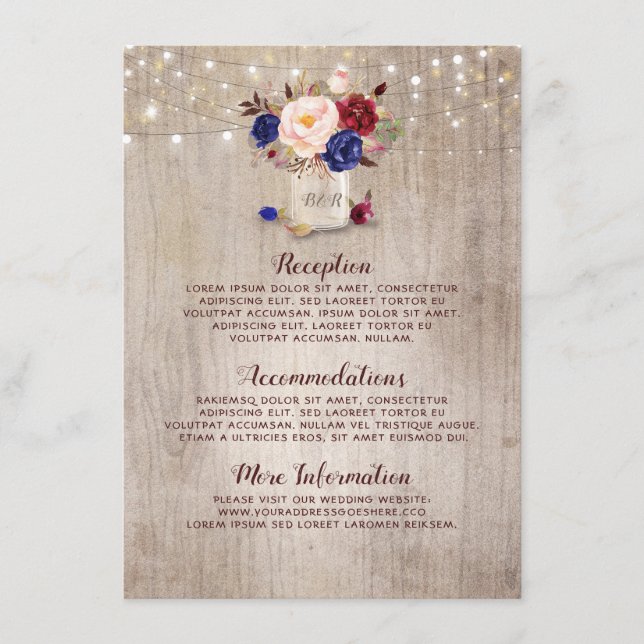 Navy Blue Red and Blush Rustic Wedding Information Enclosure Card (Front)