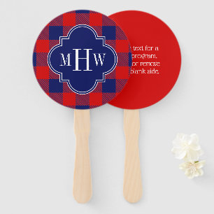 Navy Blue Red Buffalo Plaid DIY BG 3I Monogram Hand Fan